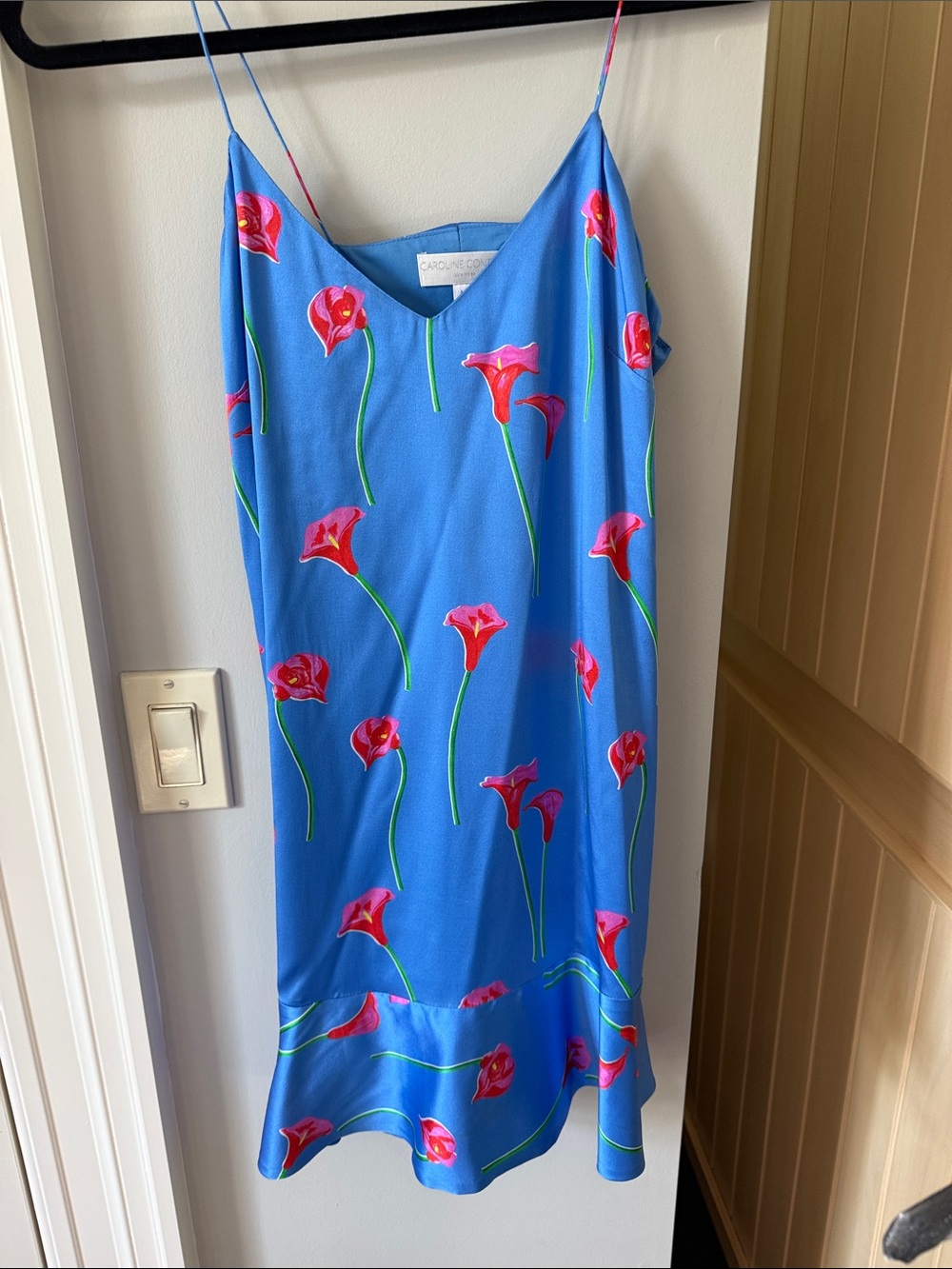 Caroline Constas Blue Slip Maxi Dress with Pink Floral Print